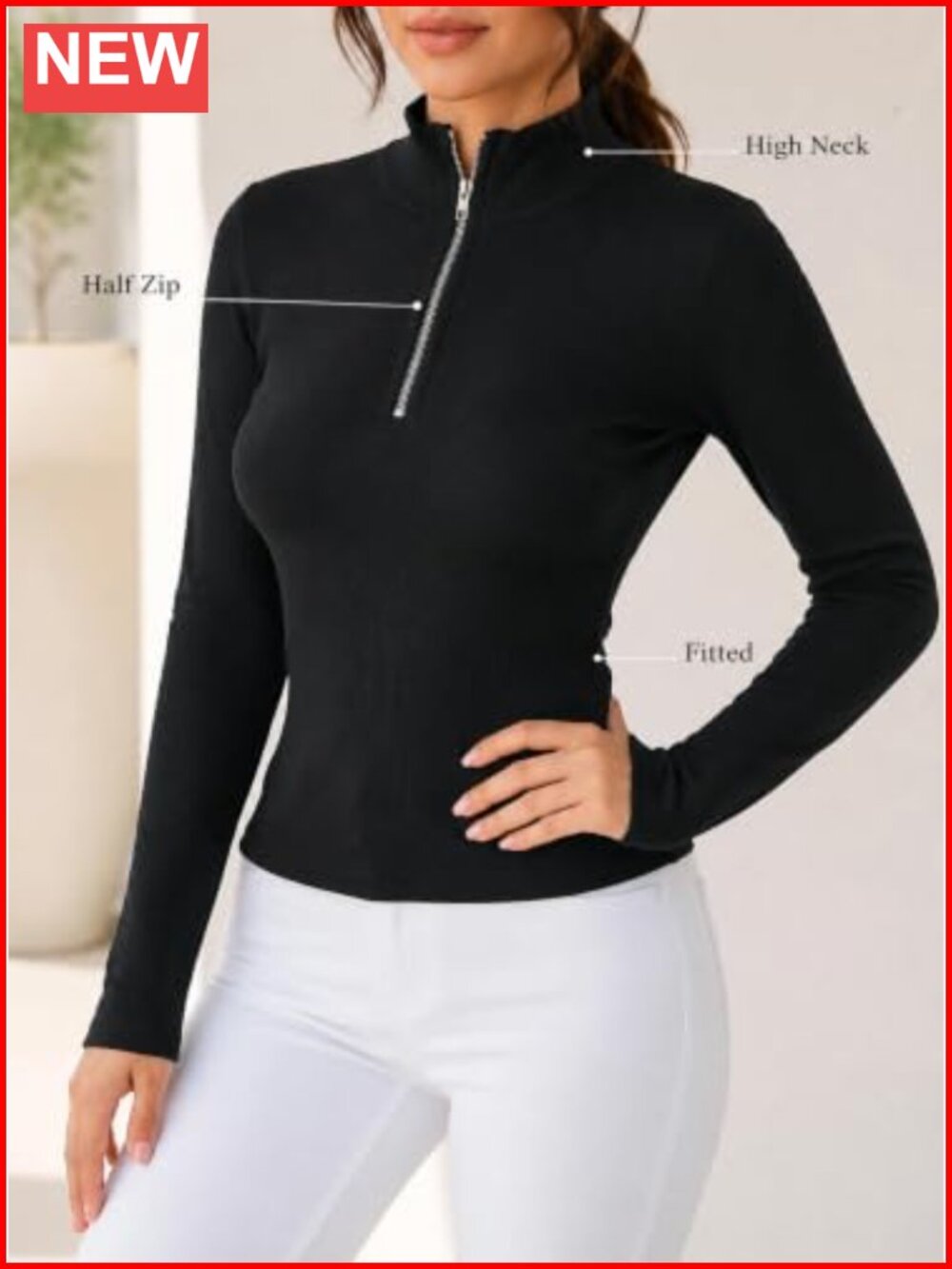 Half Zip Long Sleeve High Neck Ribbed Knit Top Slim Fit Pullover - Picture 3 of 6